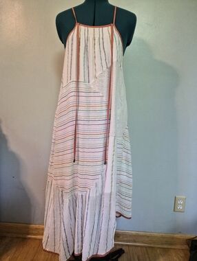 Anthropologie White Maxi Dress with Multicolor Stripes and Rust Trim